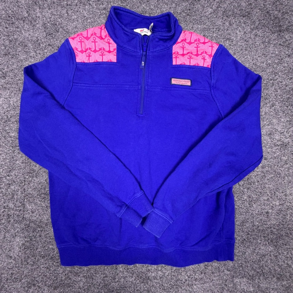 Vineyard Vines Kids XL 16 Blue Shep Shirt Pink Anchor 1/4 Zip Pullover